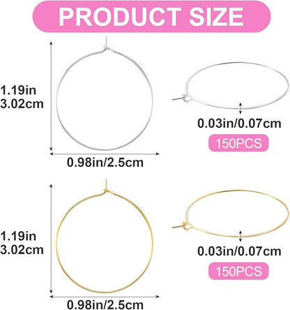 Pndeyo 300pcs Hypoallergenic Earring Beading Hoops, Round Hoop Earrings Findings, Open Earring Wire Ring Accessories for Jewelry Making- Silver & Gold