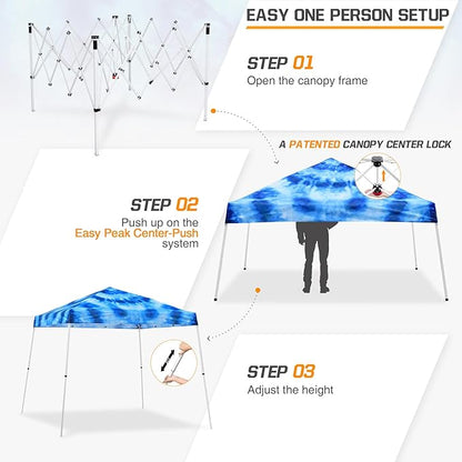 EAGLE PEAK 10x10 Slant Leg Pop-up Canopy Tent Easy One Person Setup Instant Outdoor Beach Canopy Folding Portable Sports Shelter 10x10 Base 8x8 Top (Tie Dye Blue)