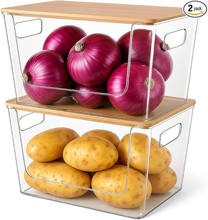 2 Set Pantry Organizers and Storage - Clear Stackable Bins with Bamboo Lid for Fruit, Onion, Potato, Vegetable - Trash Bag Holder Dispenser Under Sink Organizer for 4-13 Gal Bags
