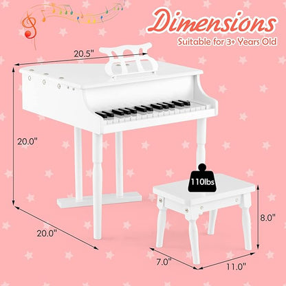 Goplus 30-Key Classical Kids Piano, Mini Grand Piano Wooden Learn-to-Play Musical Instrument Toy with Bench, Piano Lid, Music Rack, Gift for Boys Girls Aged 2+ Baby Toddler(3 Straight Leg-White)