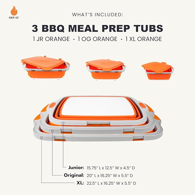 Drip EZ Collapsible BBQ Prep Tubs 3-Piece Set- For Meal Prep Marinating Food Storage - Includes Cutting Board & Lid - (1) JR + (1) OG + (1) XL - Orange