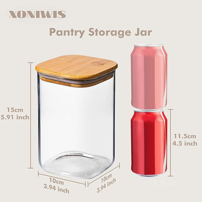37oz 4PCS Glass Storage Containers with Lids, Glass Jars with Lids Pantry Food Storage Jars, Square Canister For Cookie, Nuts, Snack, Cereal, Candy, LeafTea, Coffee, Spice