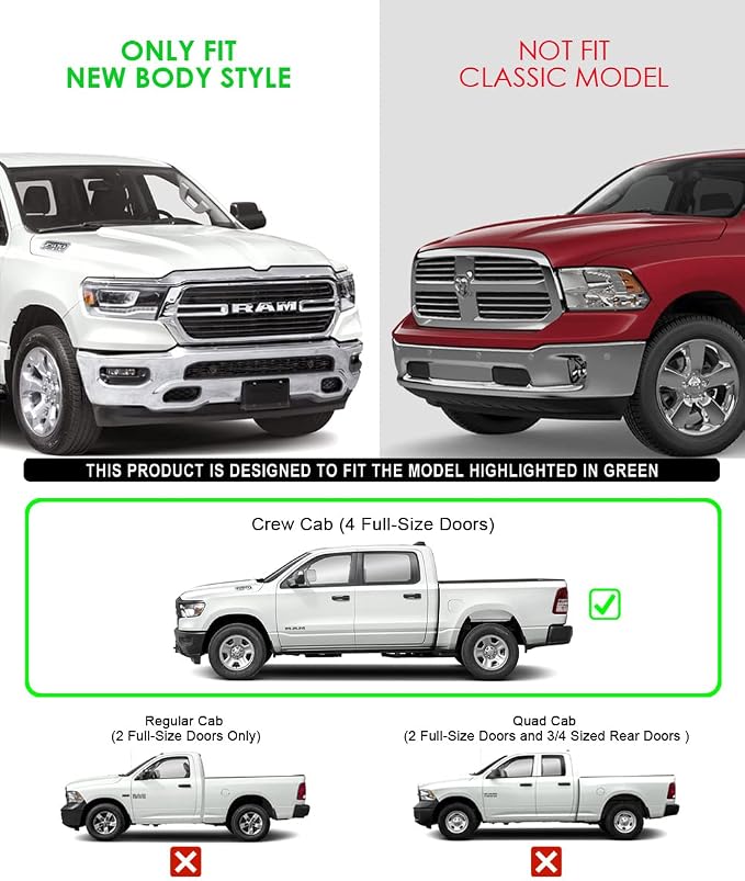 APS 6-inch (Black Stainless Steel Flat Style) Running Boards Nerf Bars Side Steps Step Rail Compatible with Ram 1500 2019-2026 Crew Cab (Will Not Fit 2018 Previous Generation Build in 19-24)