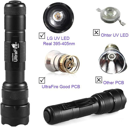 ULTRAFIRE Black Light UV Flashlight, Super Power UV 395-405 nm LED WF-502B Blacklight Flashlights for Leak Detector, Pet Urine Stain, Bed Bug Not Included Batteries