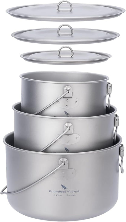 Boundless Voyage Titanium Hanging Pot for Outdoor Camping Backpacking Hiking Ultralight Portable Cooking Pot Camp Kitchen Cookware 1300ML/1950ML/2900ML