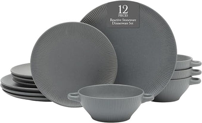 Gibson Elite Clover Hill 12-Piece Stoneware Dinnerware Set – Dark Blue Embossed Plates and Bowls with Matte Speckled Reactive Glaze, Service for 4 – Microwave & Dishwasher Safe
