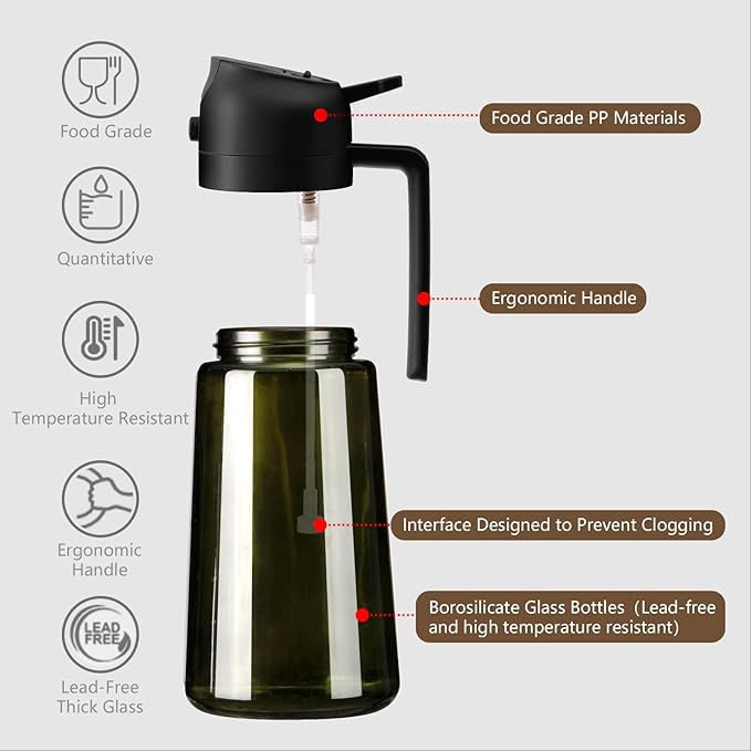 SWEET VIEW 2PCS Olive Oil Dispenser and Oil Sprayer – 16oz/470ml Glass