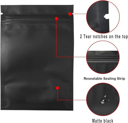 STUs 100 Pack Stand-Up Mylar Bags 6.3 x 9.4 Inch Smell Proof Bags Foil Pouch Double-Sided Food Storage Bag Matte Black