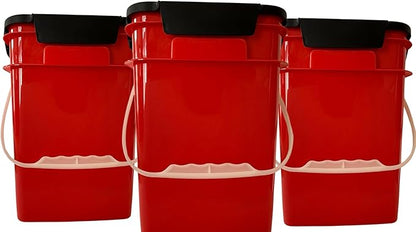 House Naturals 4 Gallon Square Food Grade Bucket Pail with Plastic Handles and Lid (Pack of 3) Made in USA containers (Red - Black lids)