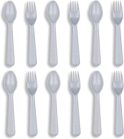 12 Pcs Kids Spoons and Forks Toddler Utensils Plastics Reusable Silverware Baby Cutlery Set Feeding Dinnerware Utensils BPA Free Microwave Dishwasher and Freezer Safe- Grey