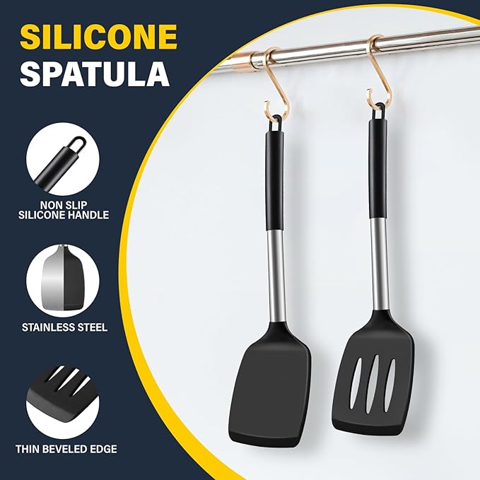2 Pack Silicone Spatula Set, Solid & Slotted Turner