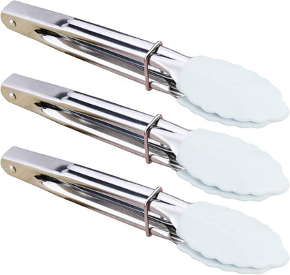 Small Serving Tongs with Silicone Tips 7-Inch Mini Tongs, Set of 3 (White)