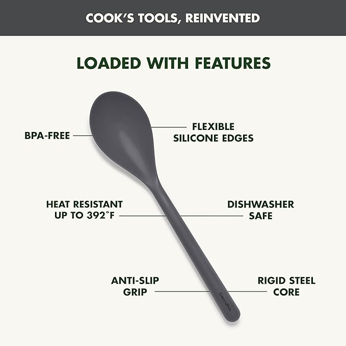 GreenPan Silicone Solid Spoon, Mixing Stirring Serving, Cooking Kitchen Utensil