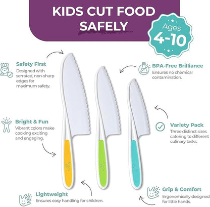 Tovla Jr. Kid Safe Knife Set for Real Cooking | 3-Piece Toddler Kitchen Knives | Montessori & STEM Cooking Tools Ages 4–12 | BPA-Free, Dishwasher-Safe | Christmas, Birthday & Stocking Stuffer Gift