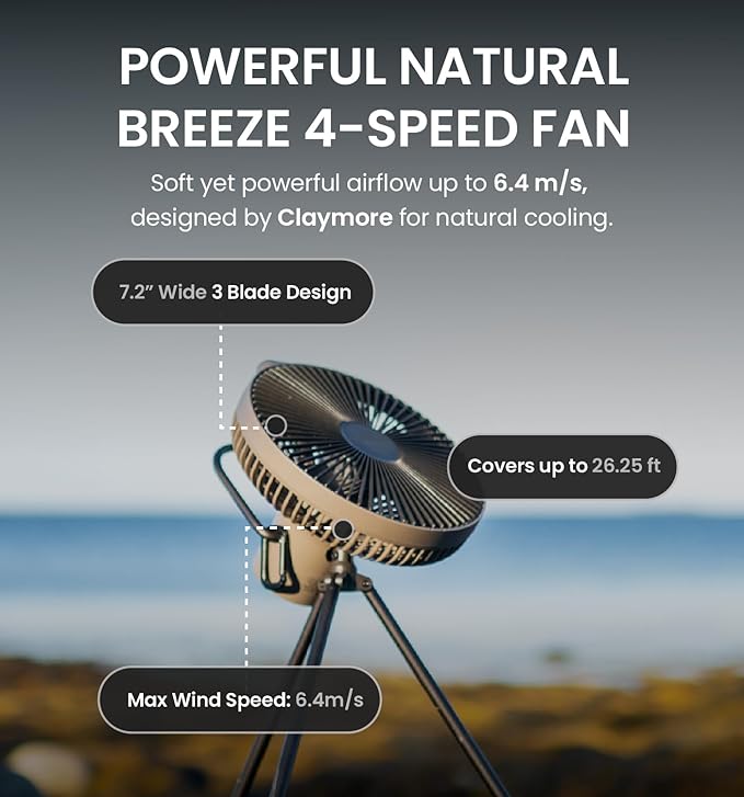 Claymore V1040 Black Rechargeable Portable Fan ??10,400mAh Power Bank Function Remote Control 4-Speed Quiet BLDC Air Circulator USB-C Charging 23 Hrs Runtime for Camping, Indoor, Outdoor
