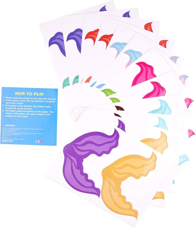 FEPITO Mermaid Party Supplies Pin The Tail on The Mermaid Party Game with 24Pcs Tail Stickers for Kids Birthday Party