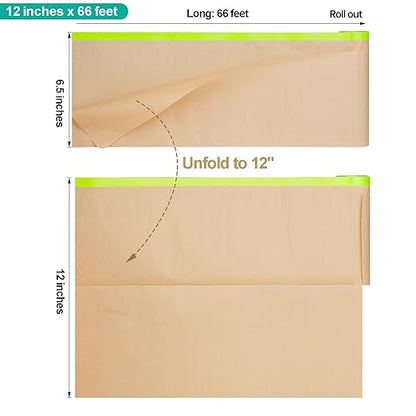 Tangibay Pre-Taped Masking Paper with Dispenser - 12" x 66' Painters Paper and Tape for Painting House, Auto Body, Cars (1 Dispenser 1 Refill)