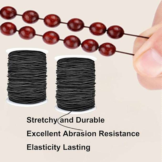 Stretchy String for Bracelets, 2 Rolls 1 mm Sturdy Elastic String Elastic Cord for Jewelry Making, Necklaces, Beading (Black)