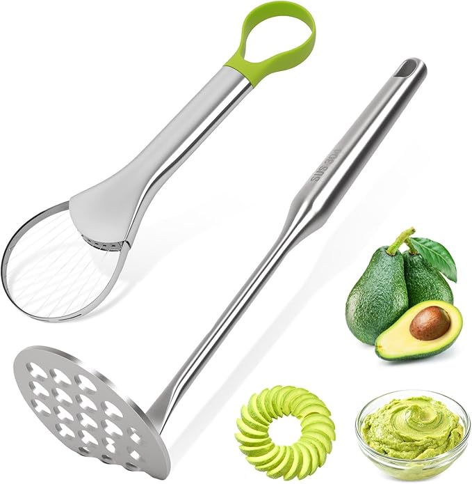 Avocado Slicer Tool Set,Stainless Steel Avocado Cutter Tool and Avocado Masher Tool,Quickly Slices Thinly and Masher,Suitable for Avocados,Potatoes,Dragon Fruit and Other Fruits Vegetables