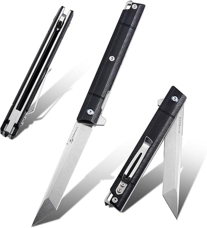Flipper Pocket Folding Knife,DC53 Steel Blade and G10 Handle. With pocket clip and glass breaker,men's pocket knife hiking trip EDC tool Knife (Stone Wash Blade-T)