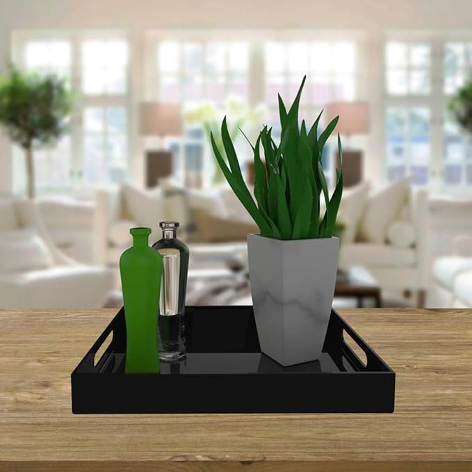 Black Acrylic Serving Tray for Vanity, Bathroom, Outdoor, Food and Décor with Handles (Rectangle, Small)