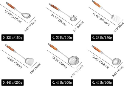 18/10 Stainless Steel Kitchen Utensils Set with Wooden Handle, 6 PCS Professional Cooking Utensils Set 15”, Wok Spatula, Ladle, Skimmer, Slotted Spatula Turner, Spaghetti Spoon, Large Spoon