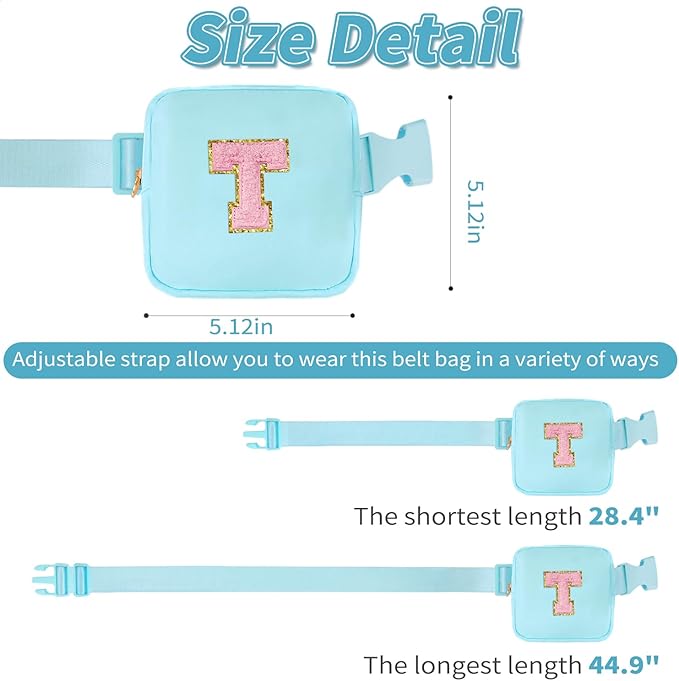 Mini Belt Bag Fanny Pack with Initials Letter Patch Small Crossbody Bags Cute Stuff Birthday Gifts for Teenager Girls Trendy Stuff for Teens - T,Blue