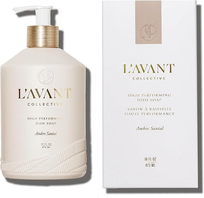 L'AVANT Plant-Based Luxury Dish Soap with Pump, Ambre Santal, 16 Fl Oz | Plant-based grease-cutting formula, refillable glass bottle with pump, gentle on hands, kid and pet safe, Ambre Santal scent