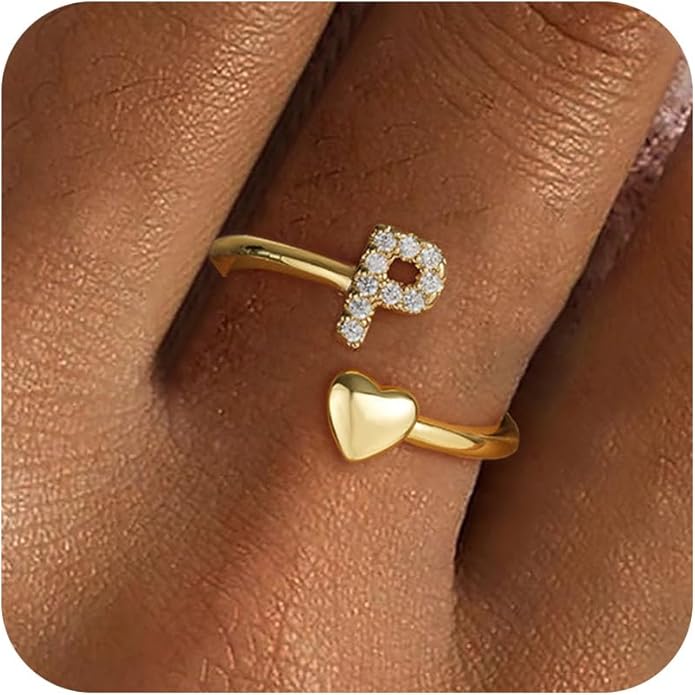 Gold Initial Rings for Women Girls, Dainty 14K Gold Plated Adjustable Initial Rings Cute Heart Zirconia Ring for Women Teen Girl Gifts