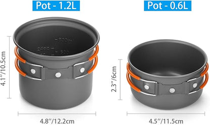 Odoland 6pcs Camping Cookware Mess Kit with Lightweight Pot, Stove, Spork and Carry Mesh Bag, Great for Backpacking Outdoor Camping Hiking and Picnic
