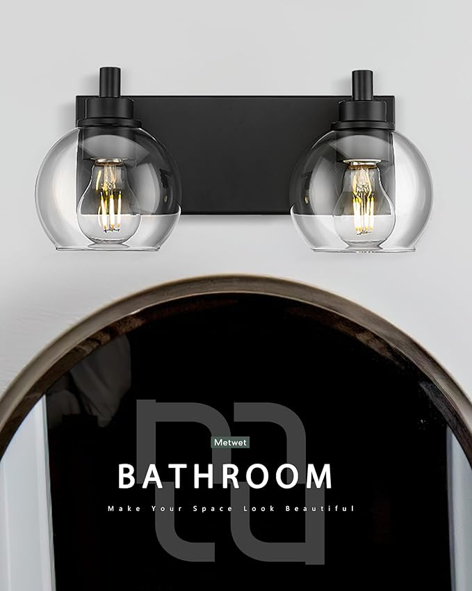 METWET Bathroom Light Fixtures, 2 Light Matte Black Vanity Light, Modern Wall