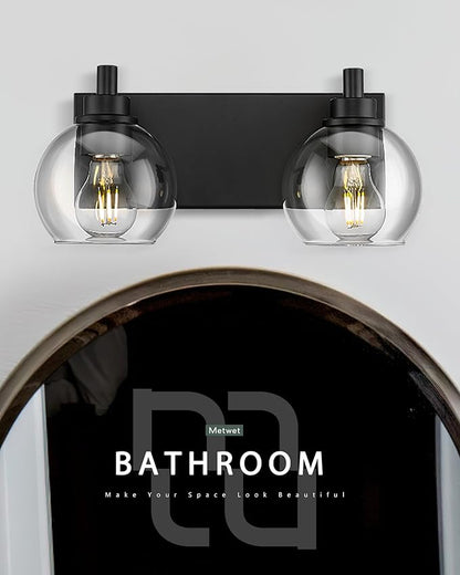 METWET Bathroom Light Fixtures, 2 Light Matte Black Vanity Light, Modern Wall