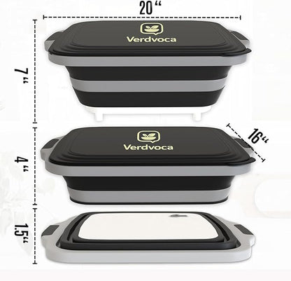 Collapsible BBQ Prep Tubs with Lids, Grill Cutting Board, Camping Sink with Drainage Hole for Meal Prep, Fruit Wash and Food Storage, Marinating Container, 16L Black Tub 20"