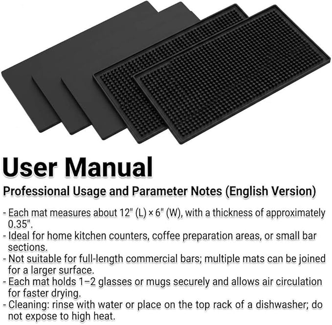 QWORK 12"x6" Black Rubber Bar Mat – 6 Pack Non-Slip Drainage Pad