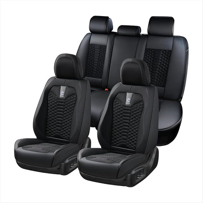 Coverado Car Seat Covers Full Set, 5 Seats Universal Seat Covers for Cars, Breathable Fabric& Faux Leather Auto Seat Cushions, Front and Rear Seat Protectors Fit for Most Sedans SUV Truck, Black