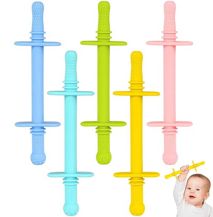 Fu Store Hollow Teether Tube Chew Straw Toy for Infant Toddlers Silicone Tubes Teething Toys for Babies 3-12 Months BPA Free/Freezable/Dishwasher and Refrigerator Safe (5 Pack)