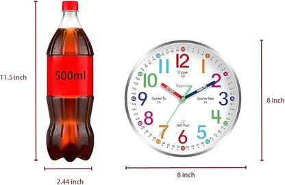 Wall Clock for Kids Learning to Tell Time Easily Non Ticking Battery Operated Kids Teaching Clock Silent Colorful Teaching Time Clock Decorative for Kids Room Classroom School (8 Inch)