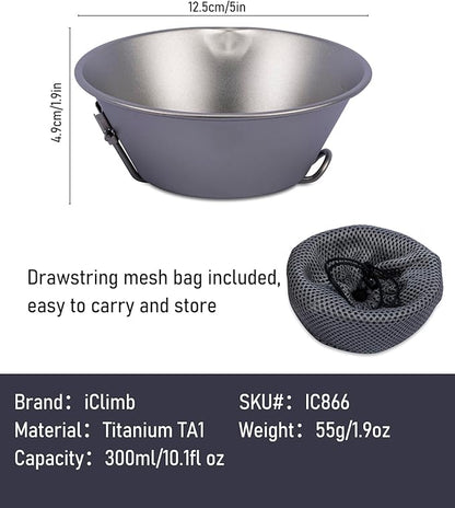 iClimb Titanium Bowl with Foldable Handle Ultralight Compact Portable Flatware Tableware with Bag for Outdoor Camping Backpacking Hiking Travel Picnic