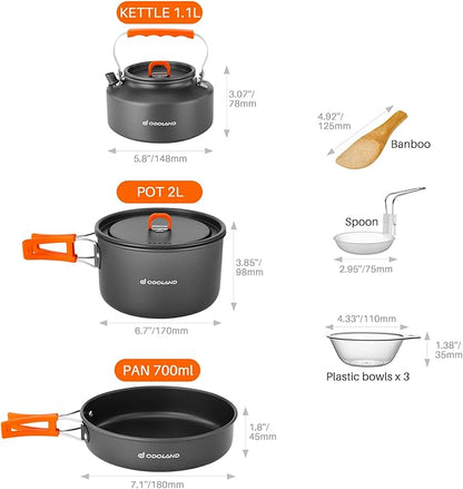 Odoland 10pcs Camping Cookware Camping Pots and Pans Set with Kettle Plastic Bowls and Soup Spoon for Camping, Backpacking, Outdoor Cooking and Picnic