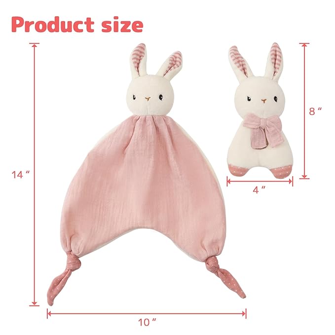 Organic Cotton Stuffed Animal Rattle Baby Toys, Plush Bunny Cuddle Cloth and Hand Grip Ring Rattles Plush Toy Set for Newborns Infant Boys Girls, 2 PCS
