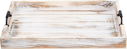 Rustic Vintage Big Wood Food Breakfast Serving Trays with Cutout Metal Handles(20 Inches) Large Nesting Board Decorative Serving Trays Platter in Bed, Ottoman, Coffee Table, BBQ, Party(Washed White