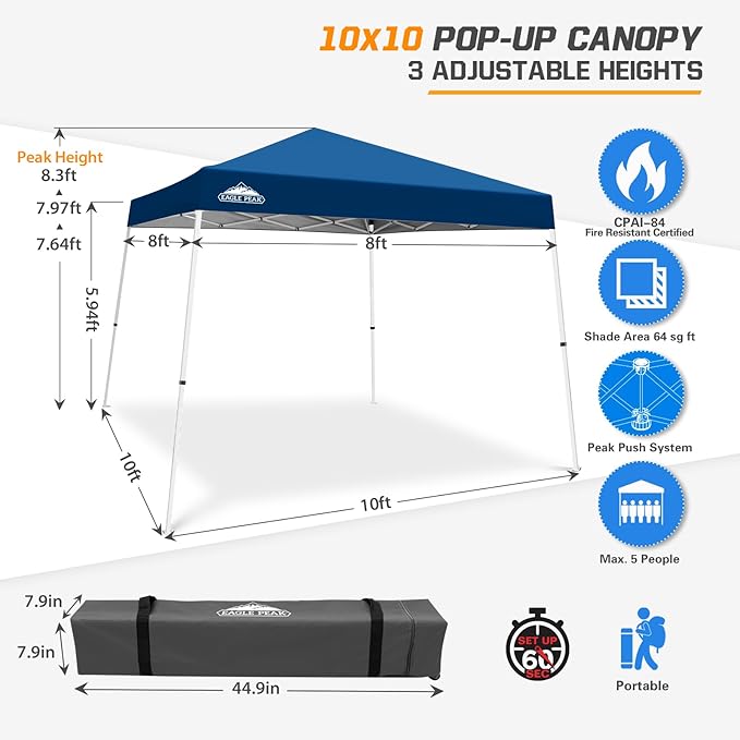 EAGLE PEAK 10x10 Slant Leg Pop-up Canopy Tent Easy One Person Setup Instant Outdoor Beach Canopy Folding Portable Sports Shelter 10x10 Base 8x8 Top (Dark Blue)