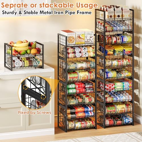 X-cosrack 2 Packs Stackable Can Rack Organizer for Pantry, 2-Tier Sturdy Adjustable Pantry Can Storage Organizer for Canned Food Can Goods, Kitchen Can Dispenser Holder for Soda Drinks Snack, Black