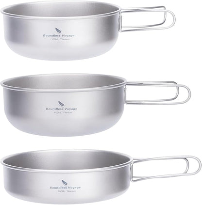 iBasingo 3-Piece Set Titanium Pot Set Camping Cooking Pan with Folding-Handle Outdoor Camp Cookware Pot Sets