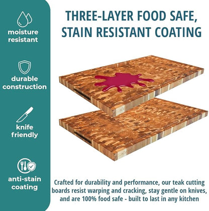 EcoDecors Extra Large Solid Teak Butcher Block 34"x20", End Grain Cutting Board with Juice Groove, Waste Slot, Handles, FSC Certified Carving Board for Stove-Top Prep