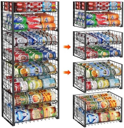 JKsmart 2-Tier Stackable Rack Organizer for Pantry, Adjustable Dispenser Holds Up to 120 Cans, Storage Holder for Various Ounces of Canned Drinks, Black, 4 Pack