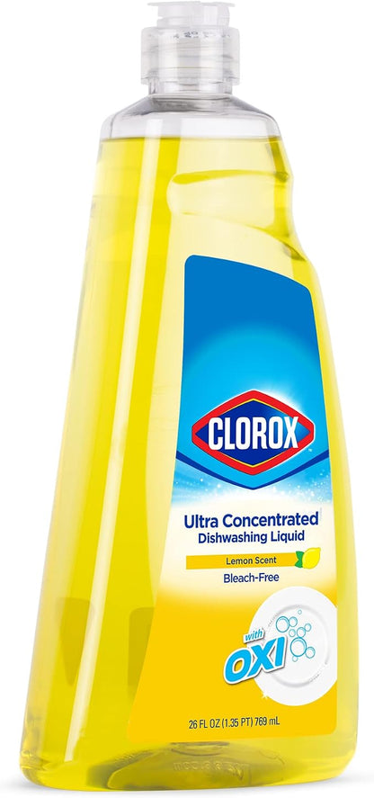 Clorox Ultra Concentrated Dish Soap with OXI, Lemon Scent, 26 Fl Oz | Bleach-free formula, dermatologist tested, cuts grease on contact, tough on baked-on stains