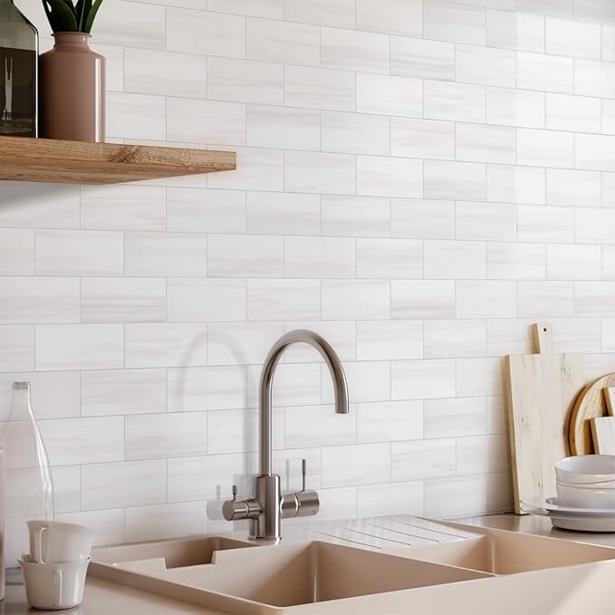 Vamos Tile 100-Piece Glossy Dolomite White Peel and Stick Backsplash Tile