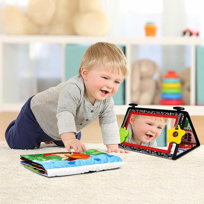 Dr.Rapeti Tummy Time Floor Mirror for Baby Infant Toddler Kids Black and White High Contrast Baby Toy with Crinkle Cloth Book Teethers Floor Activity Toy Washable Non-Toxic