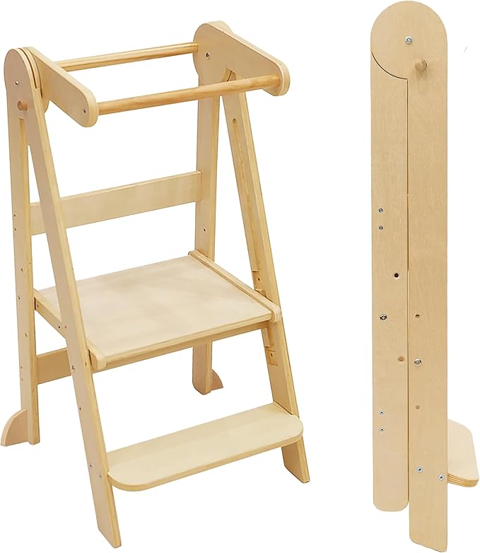 Foldable Toddler Tower 95% Preassembled Kitchen Stool Helper Folding Step Stool for Kids with 3 Adjustable Height Montessori Toddler Standing Tower for Kitchen Counter Sink Natural